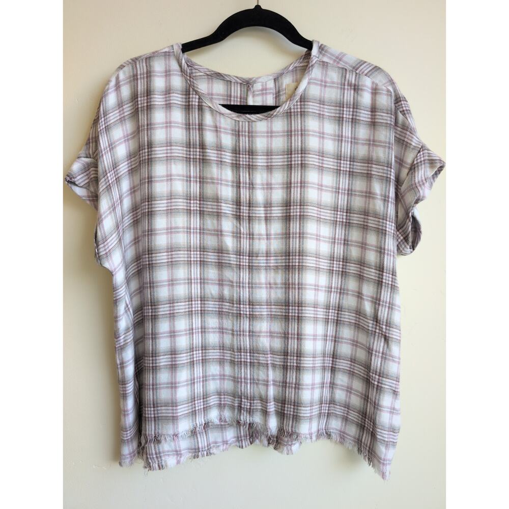 Cloth & Stone for Anthropologie Plaid Button Back Top in White/Tan Size M